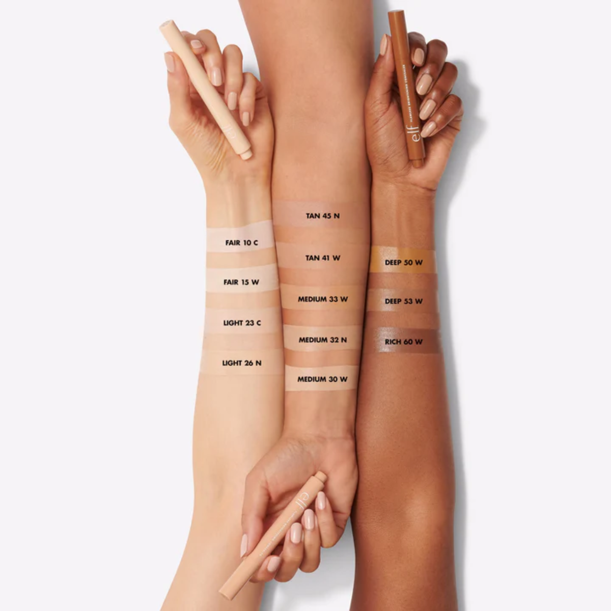 Swatches van e.l.f. Flawless Brightening Concealer in verschillende tinten
