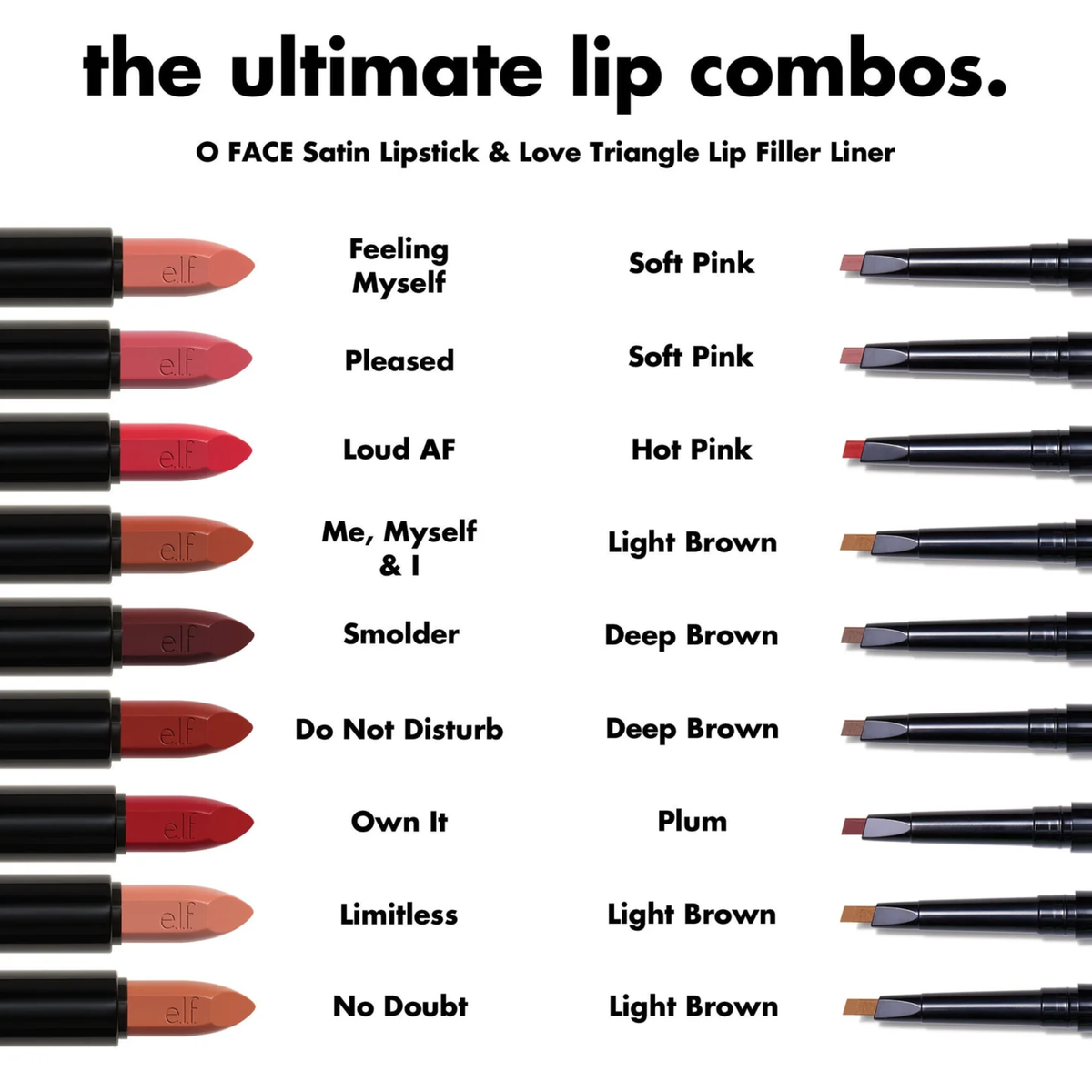 Combinaties met e.l.f. O FACE Satin Lipstick voor verschillende liplooks