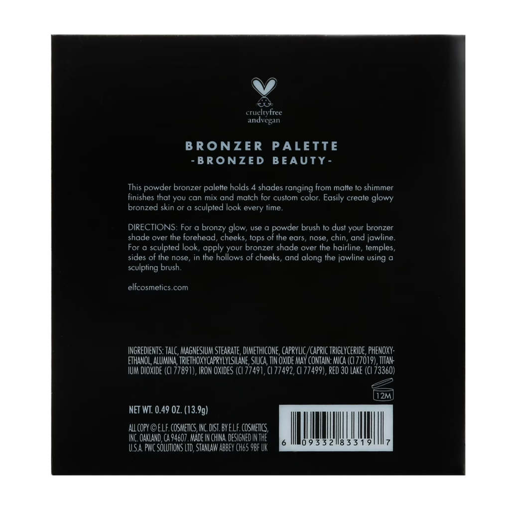 Achterzijde van de verpakking van de e.l.f. Bronzer Palette met productinformatie.