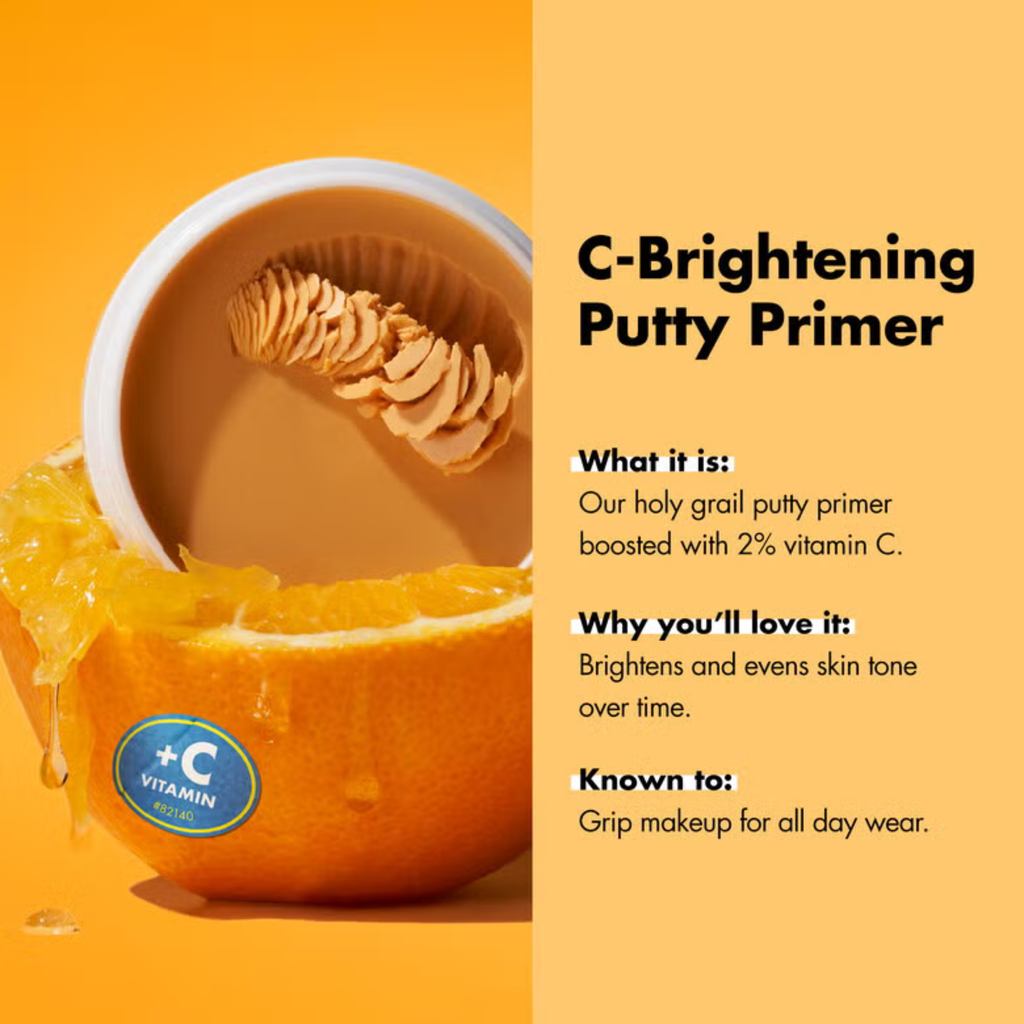 e.l.f. C-Brightening Putty Primer verrijkt met 2% vitamine C voor een heldere en frisse uitstraling.