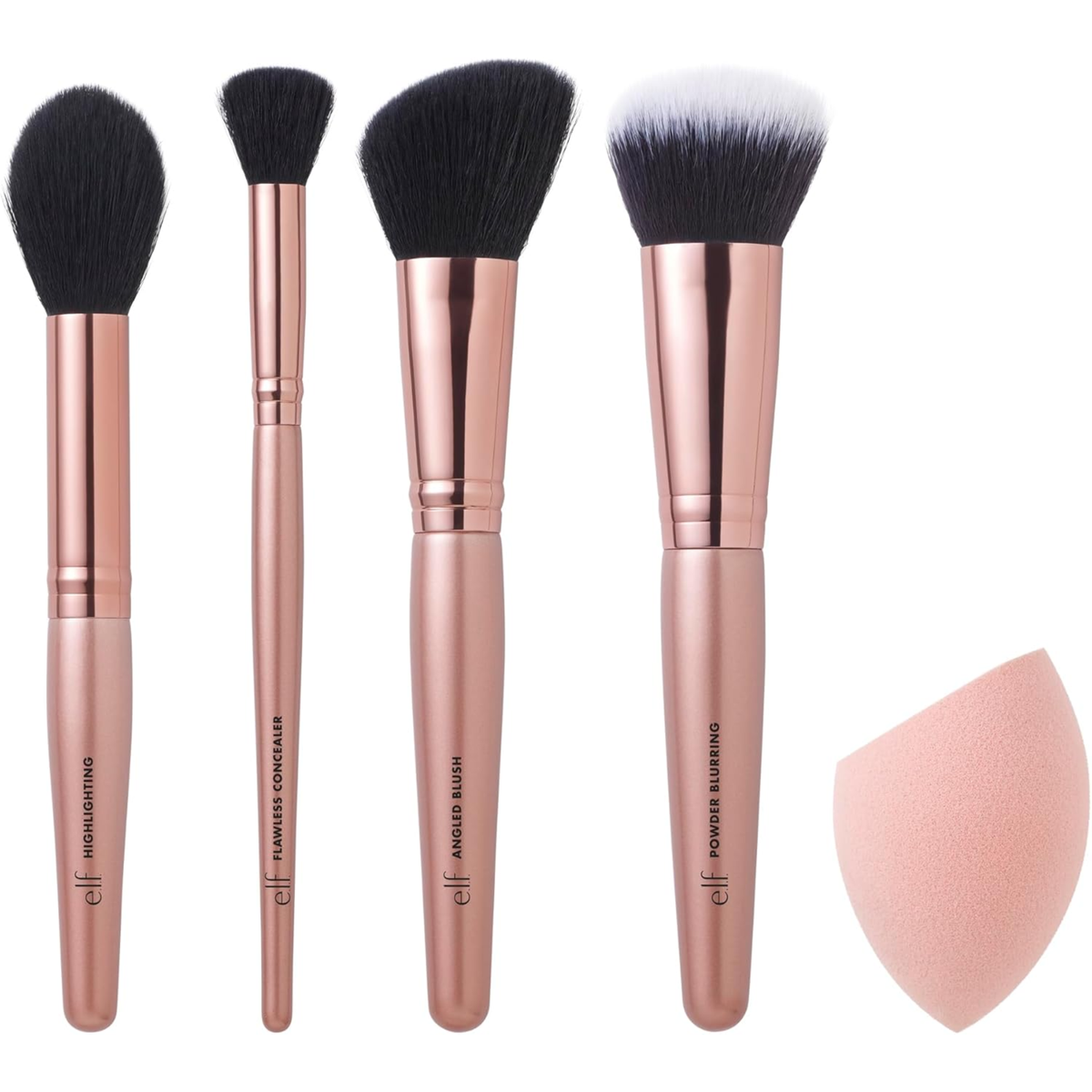 e.l.f. Complexion Essentials Brush & Sponge Set met vier make-upkwasten en een latexvrije make-upspons voor foundation, concealer, poeder en blush.