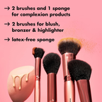Overzicht van de inhoud van de e.l.f. Complexion Essentials Brush & Sponge Set met drie gezichtskwasten, twee blendingkwasten en een make-upspons.
