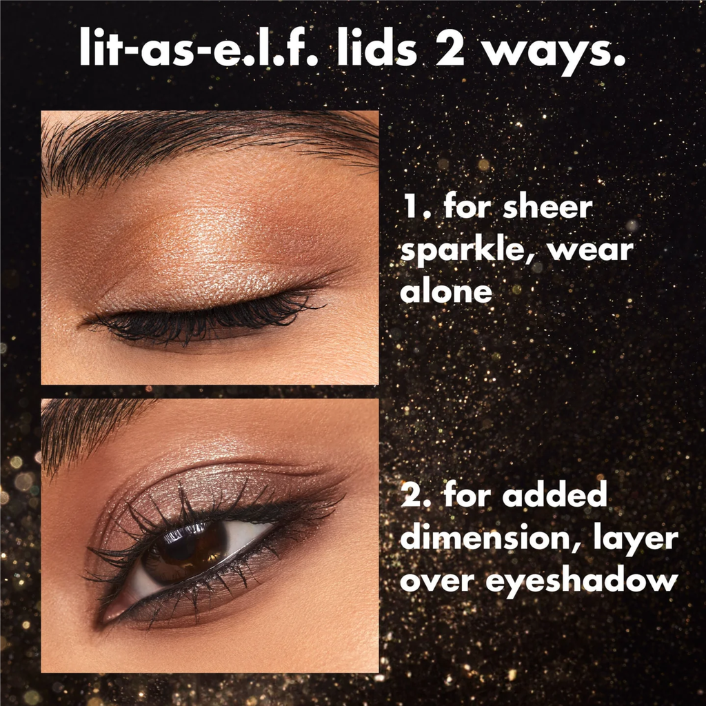Twee manieren om e.l.f. Fine As Fleck Glitter Eyeshadow te dragen: alleen of over oogschaduw.