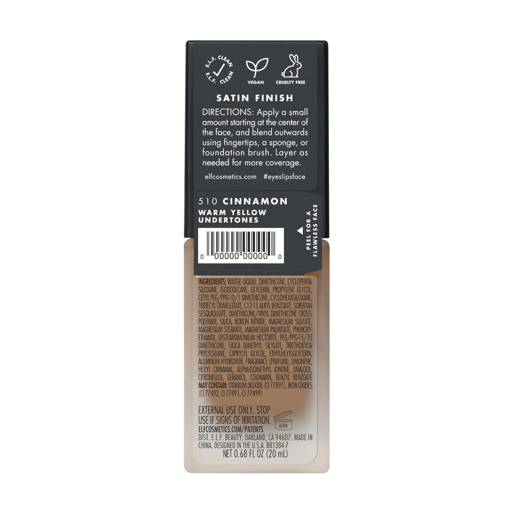 e.l.f. Flawless Satin Foundation Cinnamon aangebracht op de huid