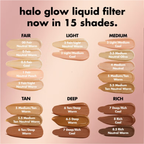 Overzicht van de beschikbare tinten van e.l.f. Halo Glow Liquid Filter.