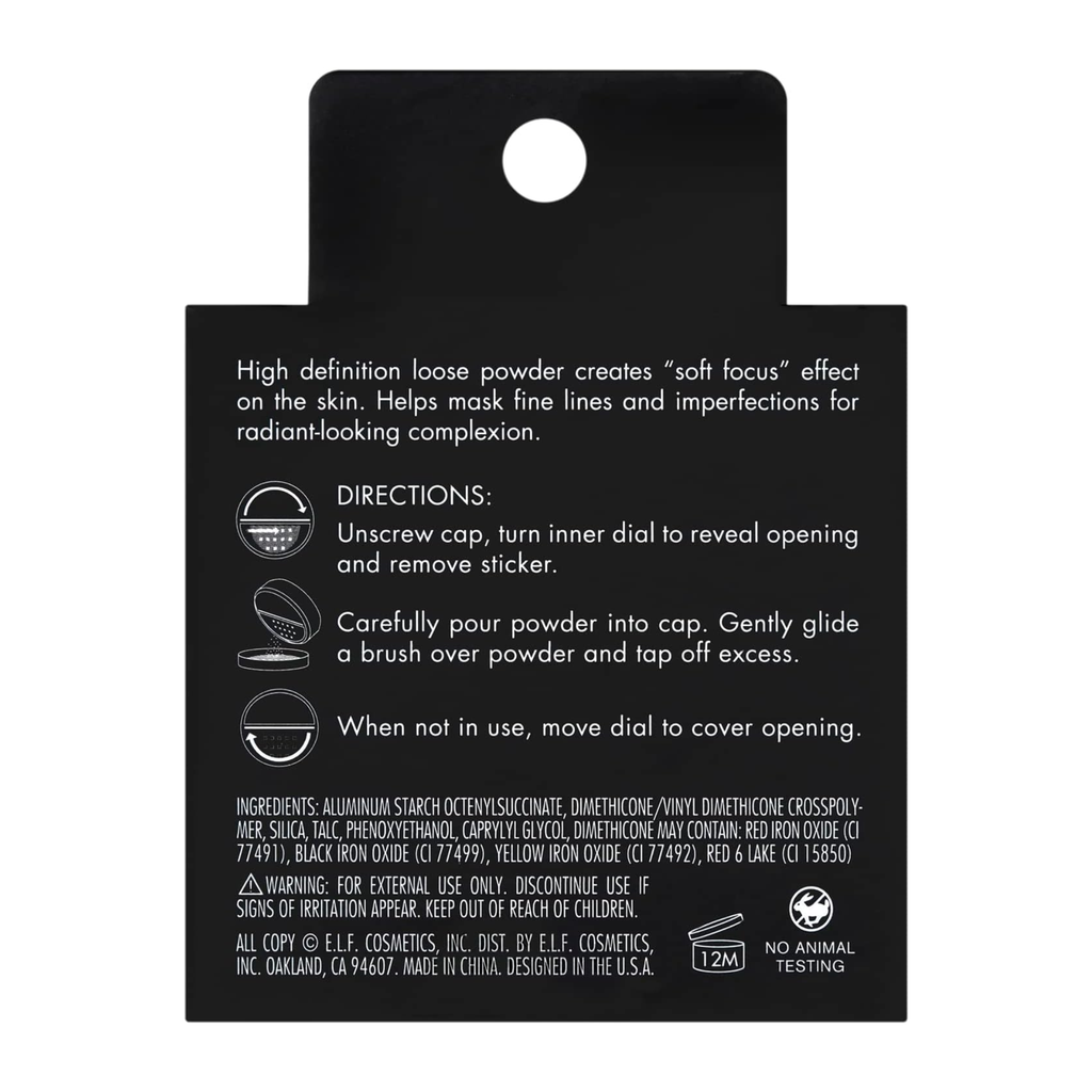 Achterzijde van de verpakking van e.l.f. High Definition Powder met productinformatie.
