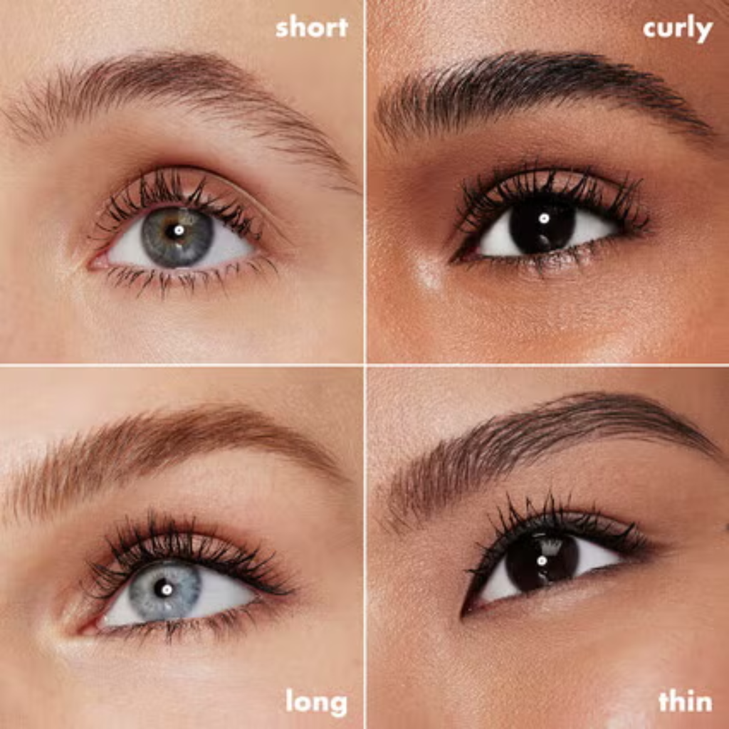 Resultaat van e.l.f. Lash XTNDR Tubing Mascara op verschillende wimpertypen.