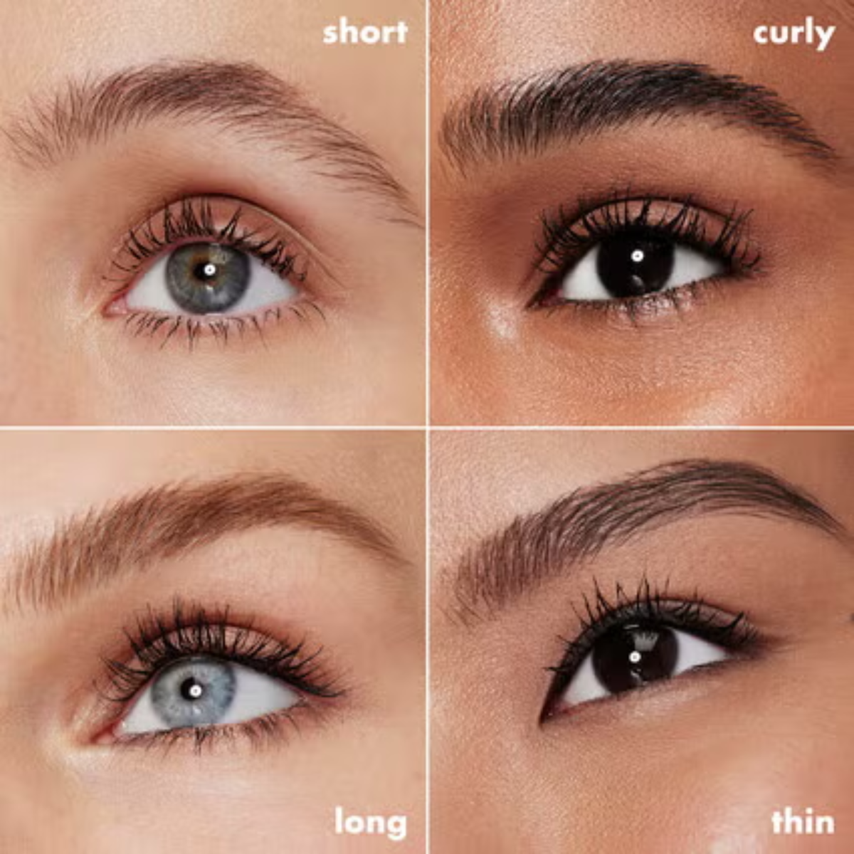 Resultaat van e.l.f. Lash XTNDR Tubing Mascara op verschillende wimpertypen.