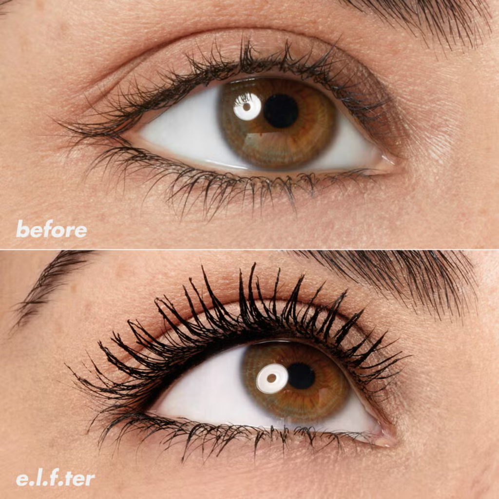 Voor en na gebruik van e.l.f. Lash XTNDR Tubing Mascara voor zichtbaar langere wimpers.