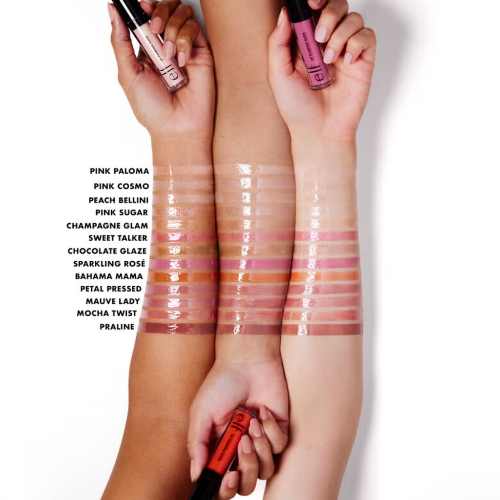 Swatches van e.l.f. Lip Plumping Gloss in verschillende tinten