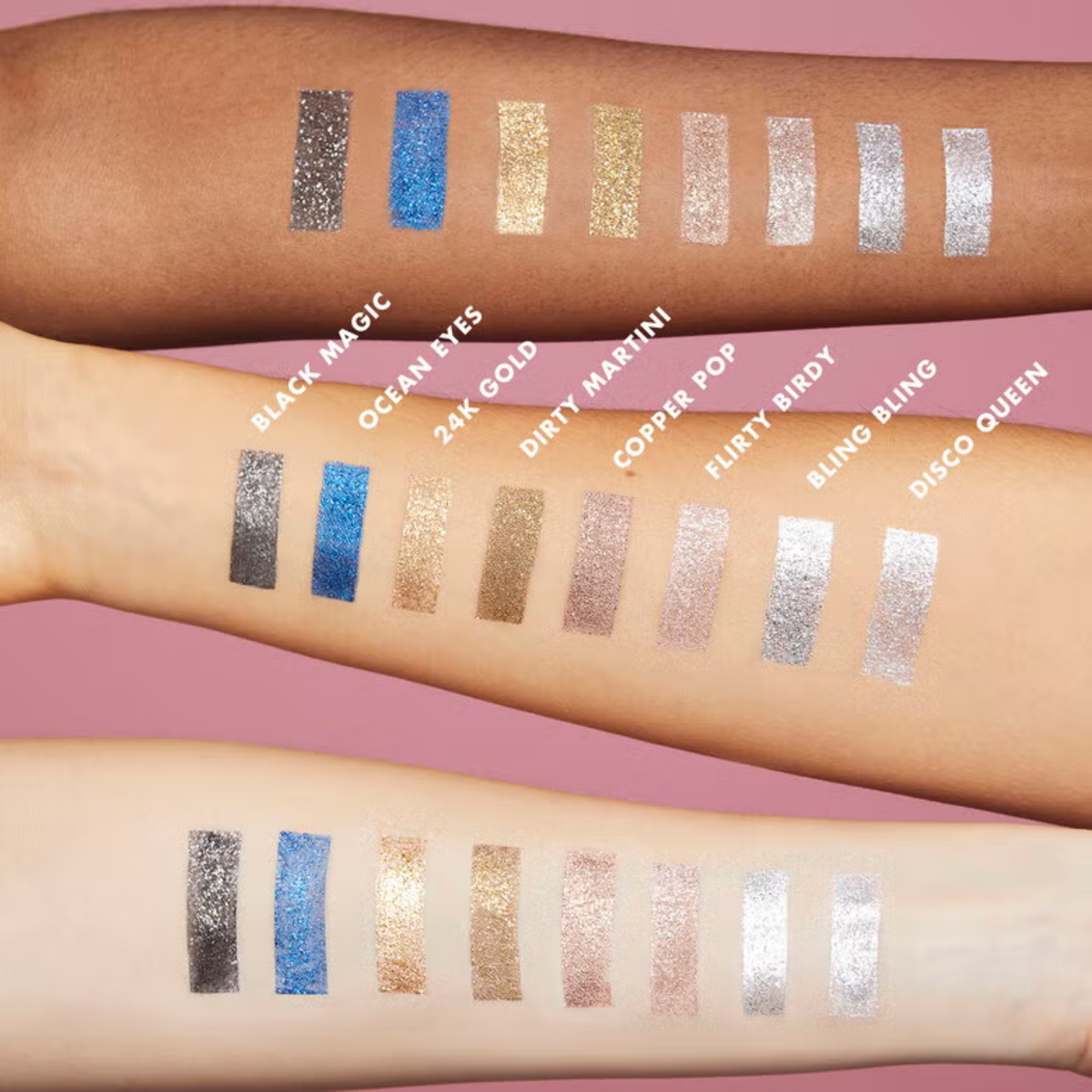 Overzicht van e.l.f. Liquid Glitter Eyeshadow tinten