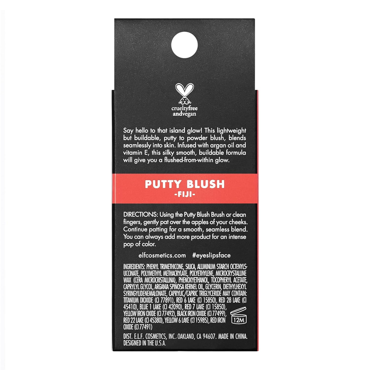 Achterkant van de verpakking van e.l.f. Luminous Putty Blush Fiji