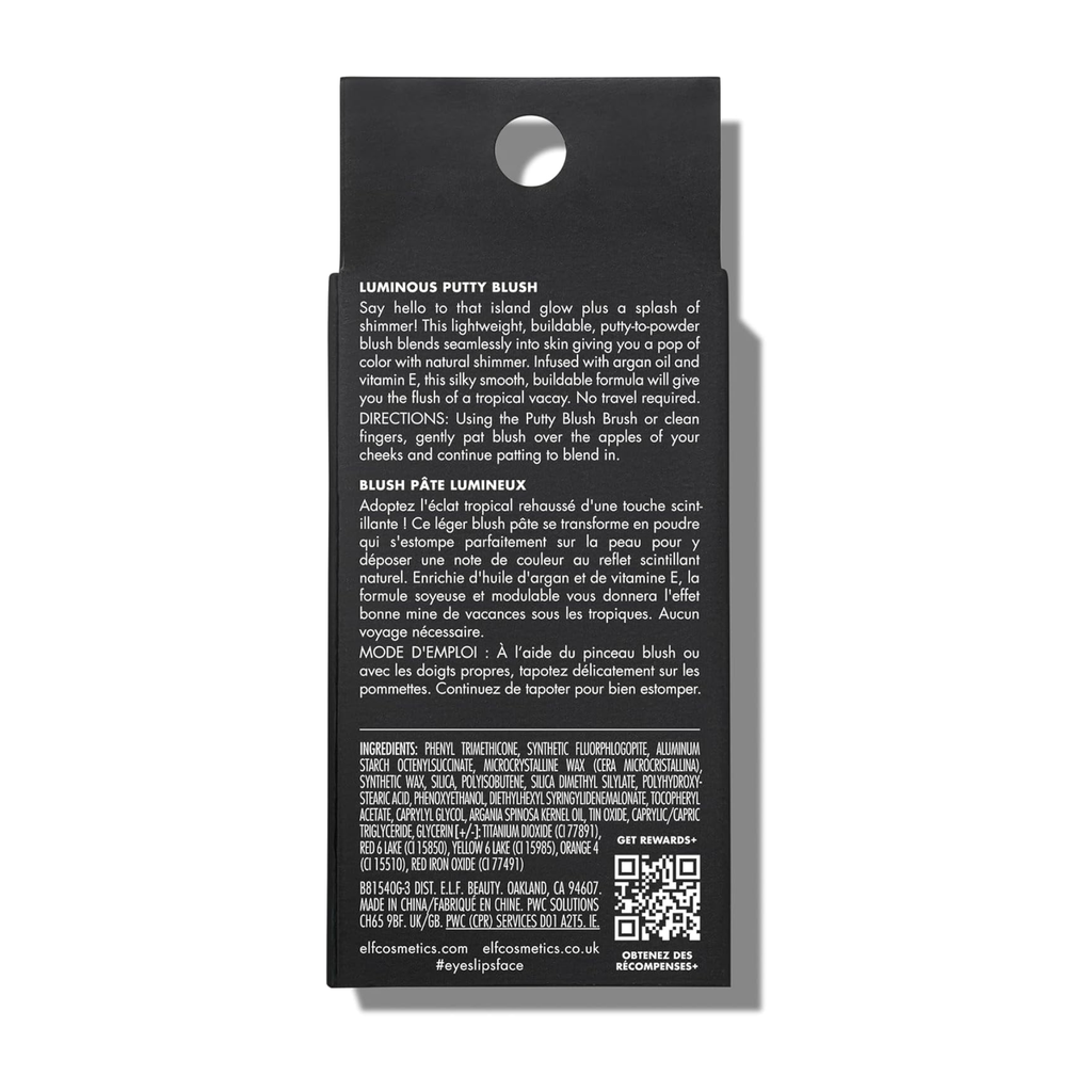 Achterkant van de verpakking van e.l.f. Luminous Putty Blush Isla del Sol