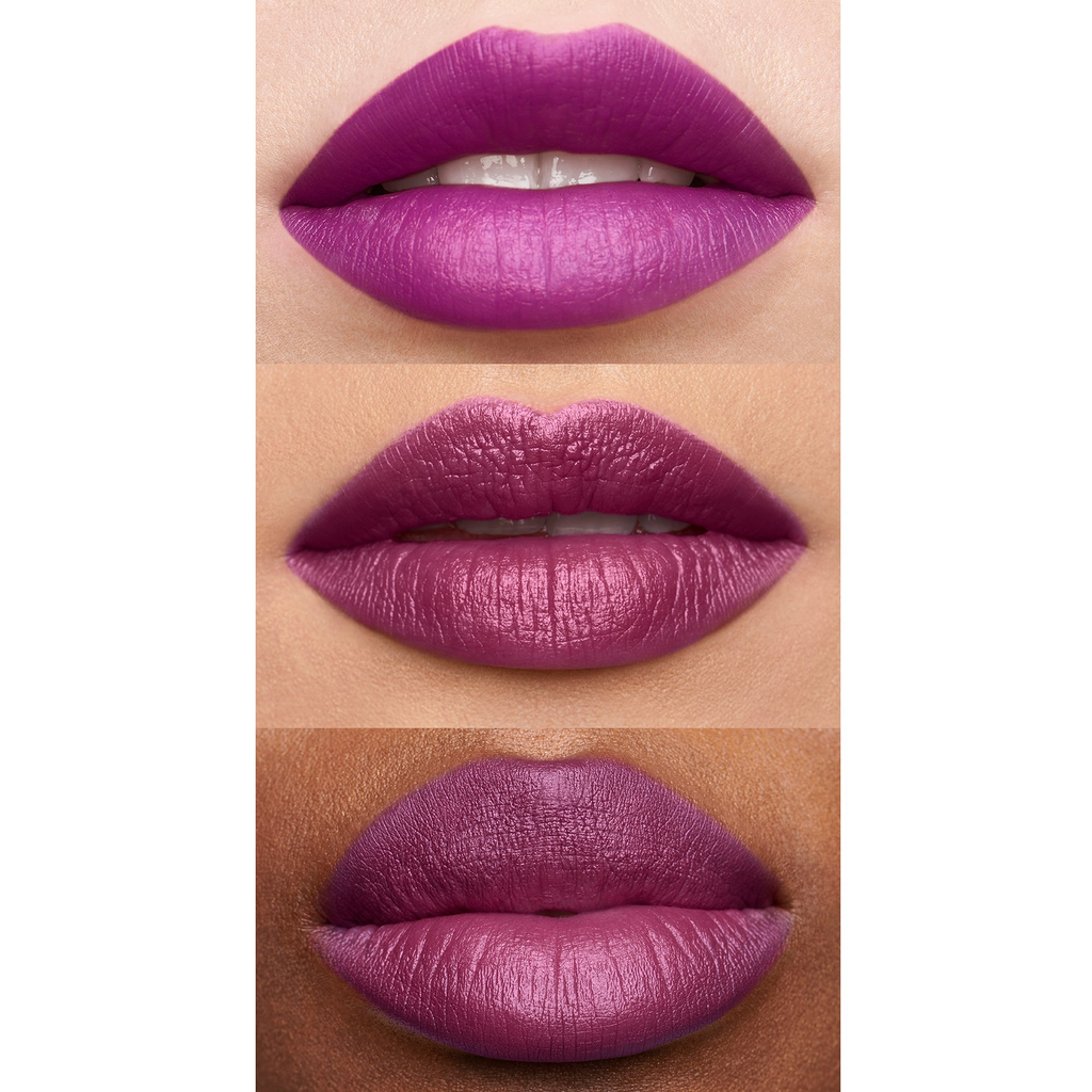 Drie modellen dragen e.l.f. SRSLY Satin Lipstick in Sugarplum