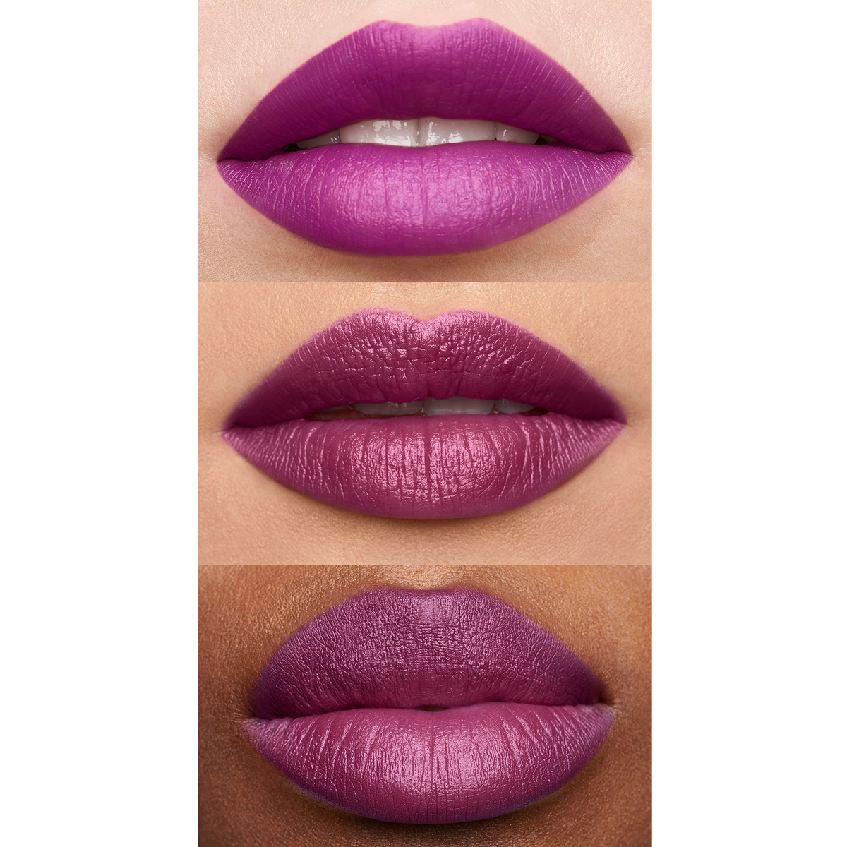 Drie modellen dragen e.l.f. SRSLY Satin Lipstick in Sugarplum