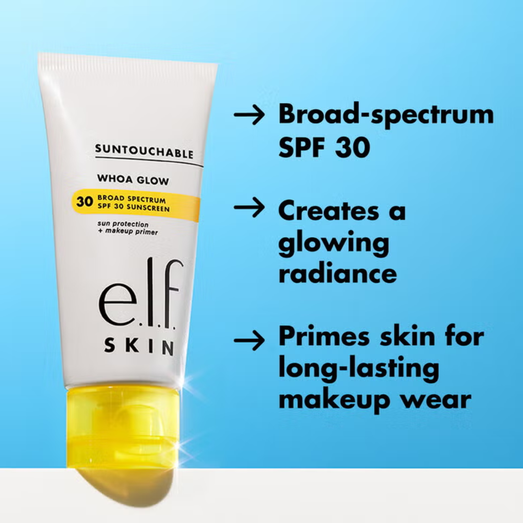Vergelijking van e.l.f. Suntouchable! SPF-producten en hun finishes.