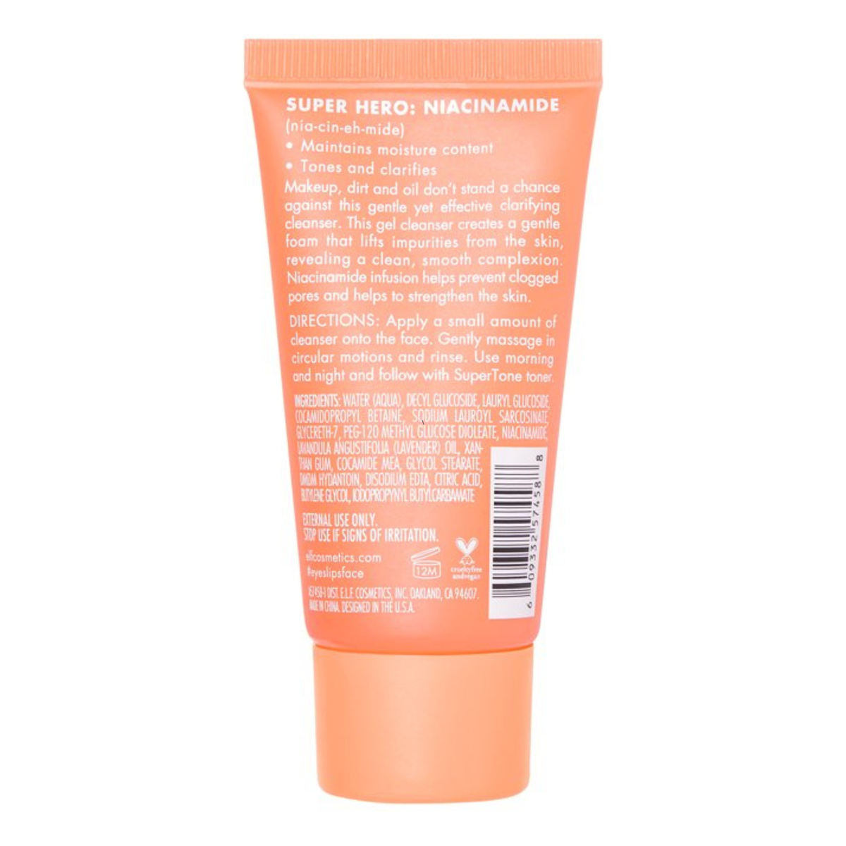 Achterzijde van de verpakking van e.l.f. SuperClarify Cleanser.