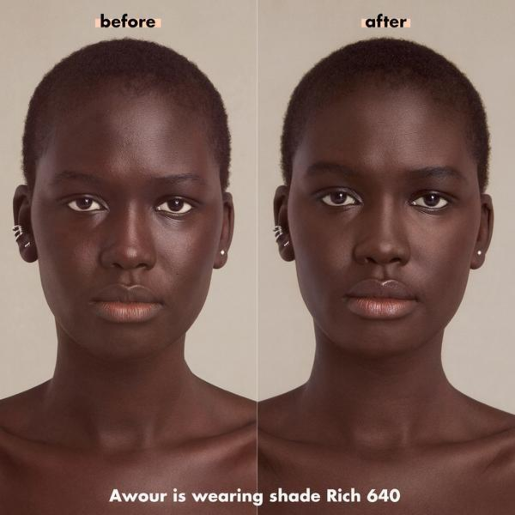 Model met e.l.f. Camo Powder Foundation in de tint Rich 640 W