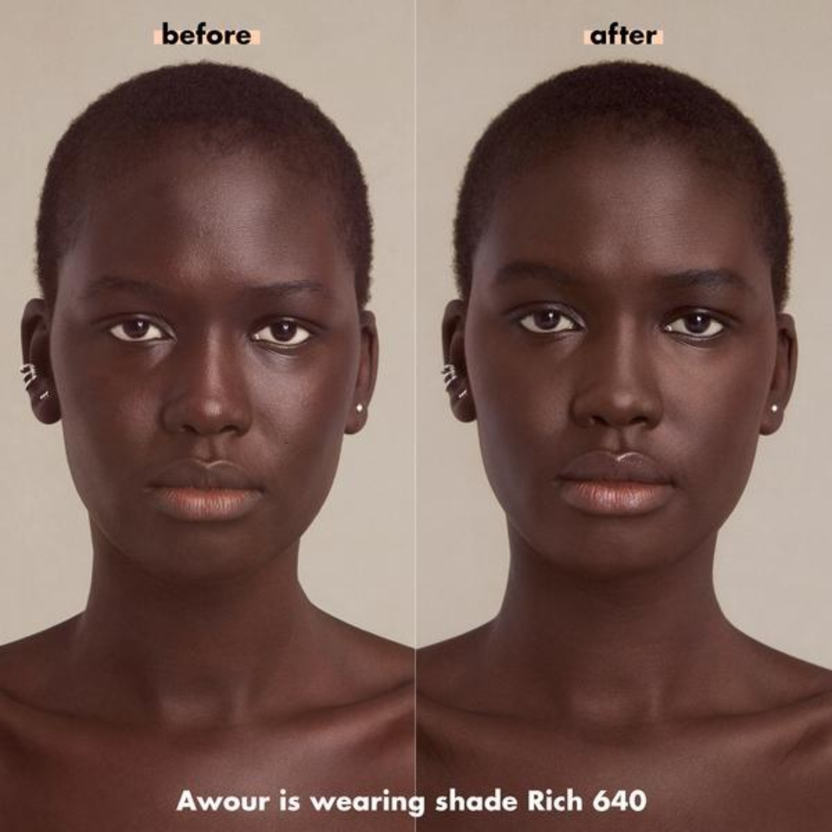 Model met e.l.f. Camo Powder Foundation in de tint Rich 640 W