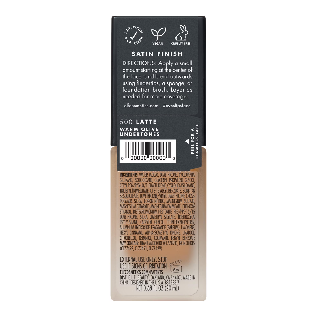 e.l.f. Flawless Satin Foundation Latte aangebracht op de huid