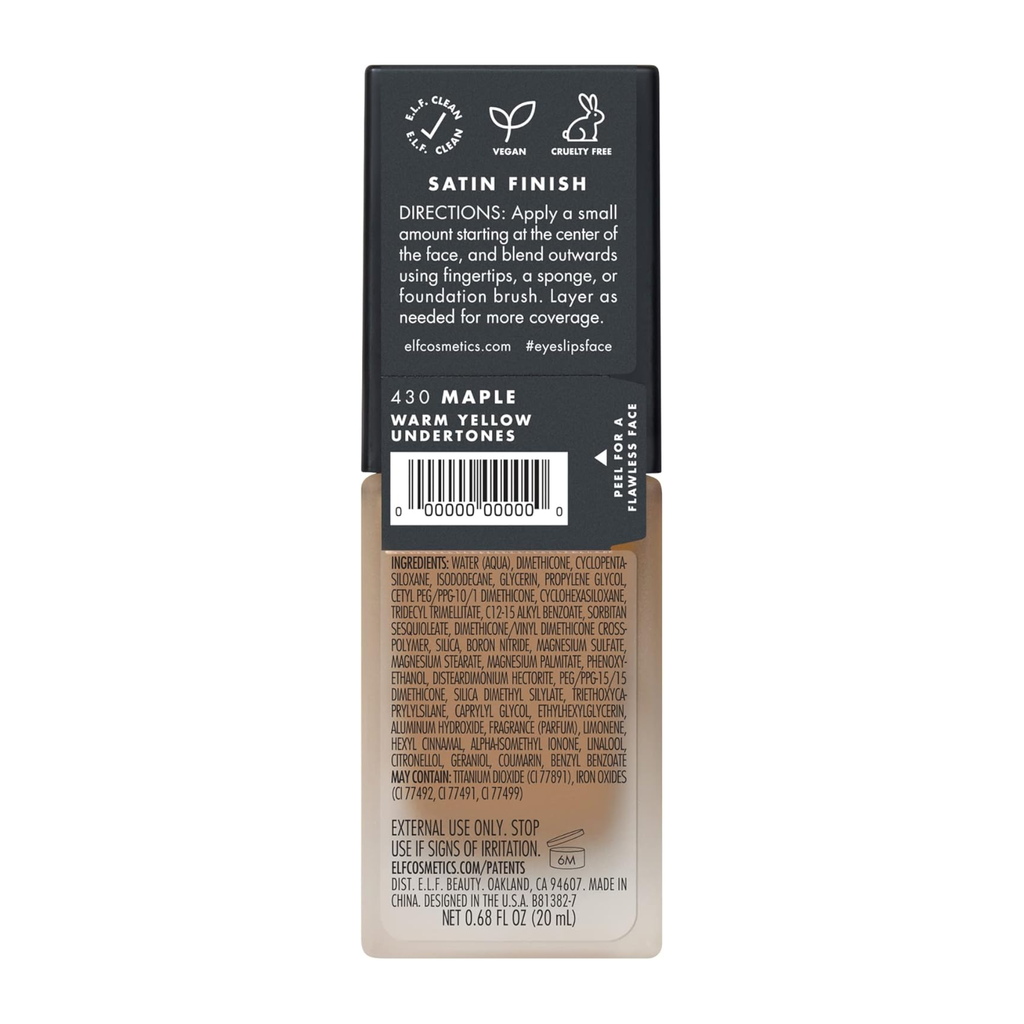 e.l.f. Flawless Satin Foundation Maple aangebracht op de huid