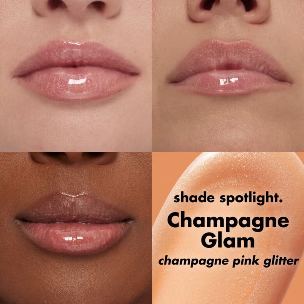 e.l.f. Lip Plumping Gloss Champagne Glam aangebracht op de lippen