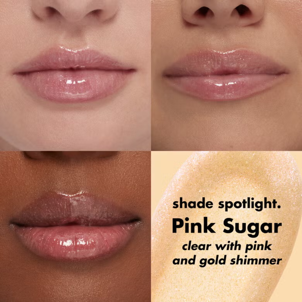 e.l.f. Lip Plumping Gloss Pink Sugar aangebracht op de lippen