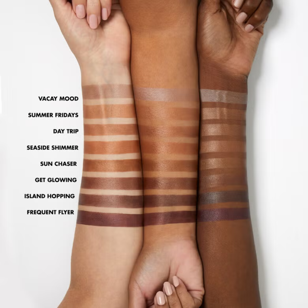 Swatches van e.l.f. Luminous Putty Bronzer op verschillende huidtinten