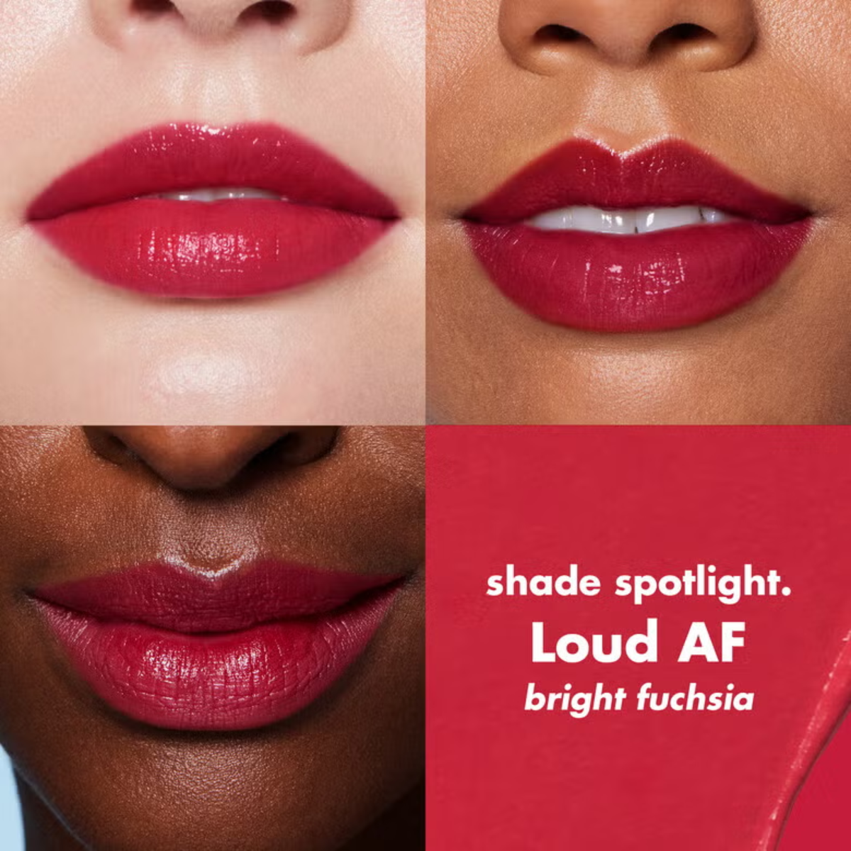 e.l.f. O FACE Satin Lipstick Loud AF aangebracht op de lippen