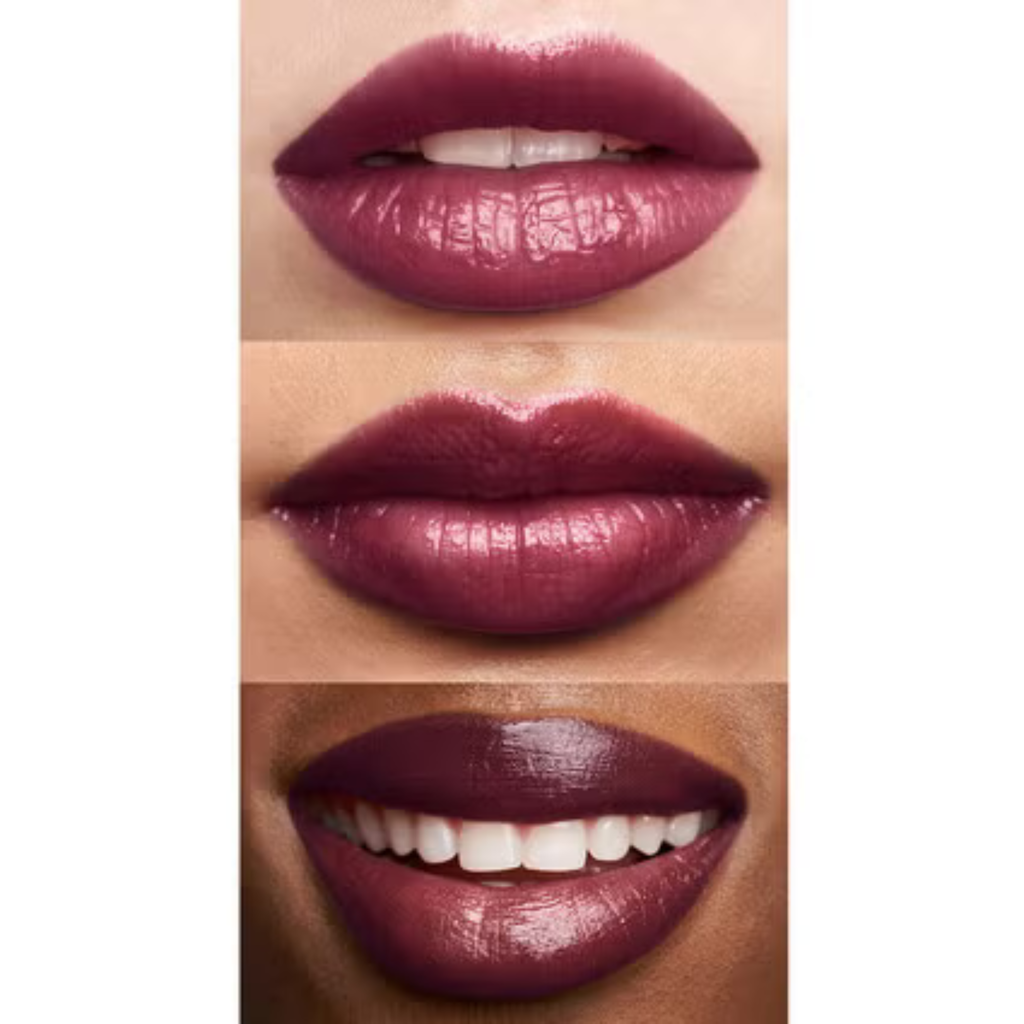 Drie modellen dragen e.l.f. Sheer Slick Lipstick in Black Cherry