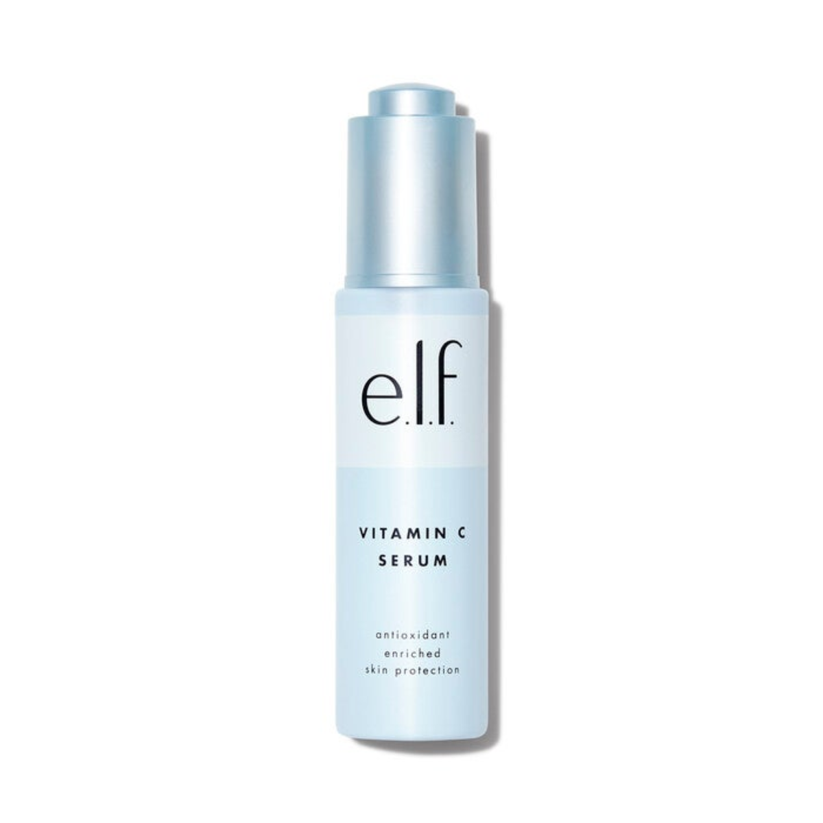 Flacon e.l.f. Beauty Shield Vitamin C Serum met zilverkleurige dop op witte achtergrond.