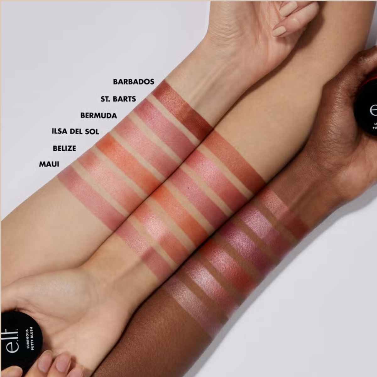 Swatches van e.l.f. Luminous Putty Blush op verschillende huidtinten