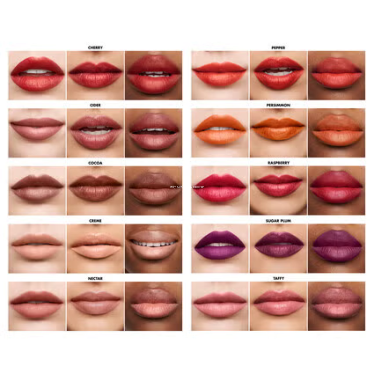 Overzicht van e.l.f. SRSLY Satin Lipstick tinten op de lippen