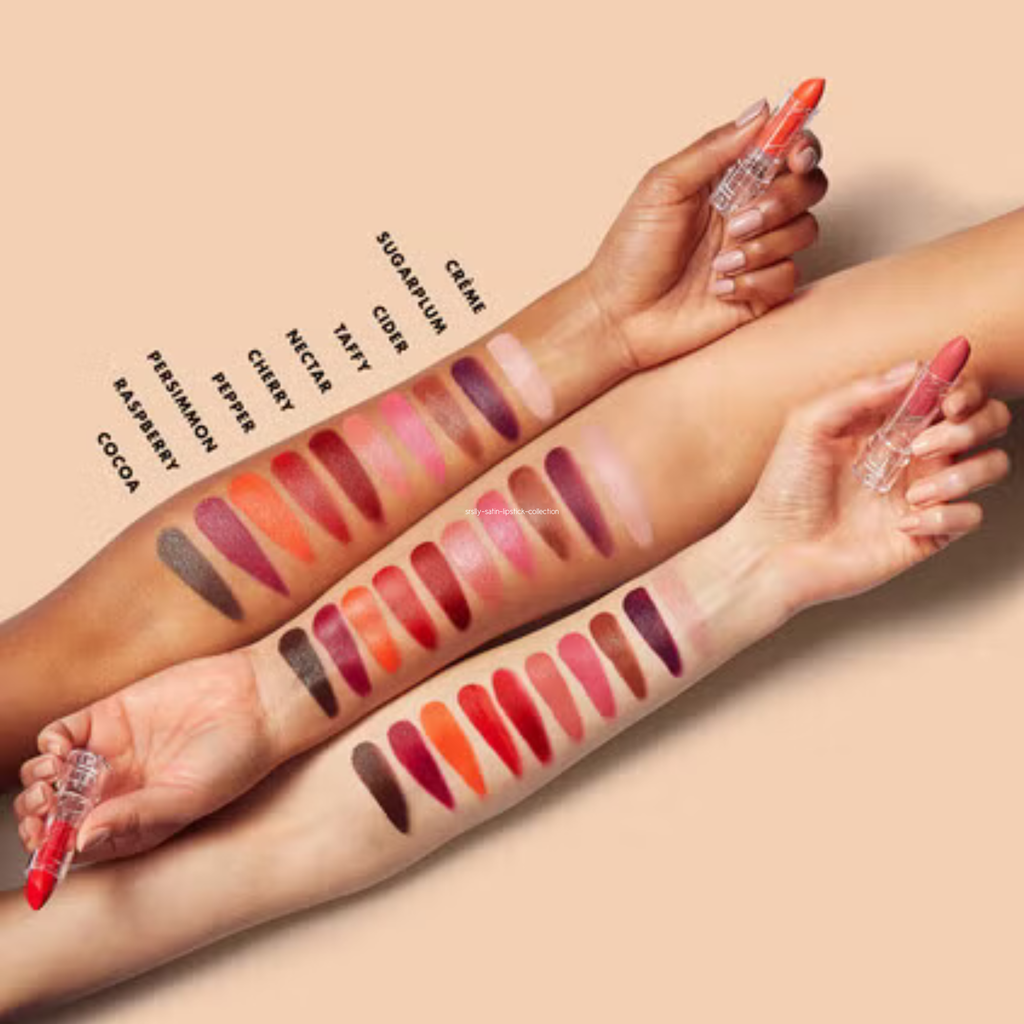Swatches van e.l.f. SRSLY Satin Lipstick op de arm